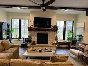 Cozy living room with a stone fireplace, large windows, plants, and modern furnishings.