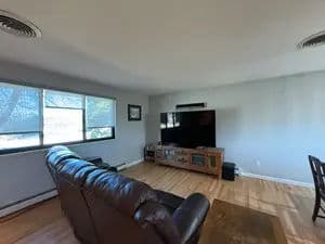 Cozy living room with leather sofa, large TV, and natural light from windows.