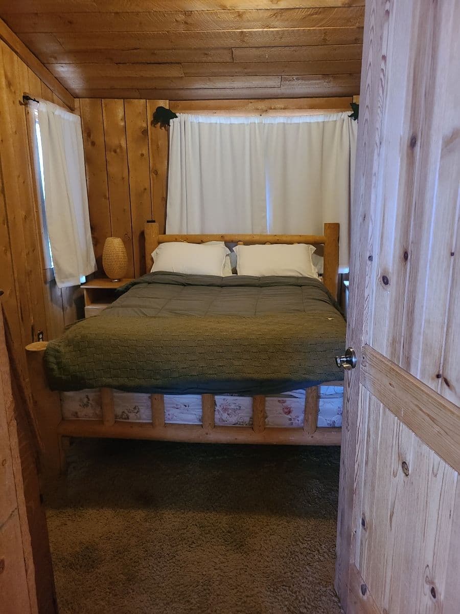 Cozy cabin bedroom with wooden walls, a queen bed, and natural light from curtains.