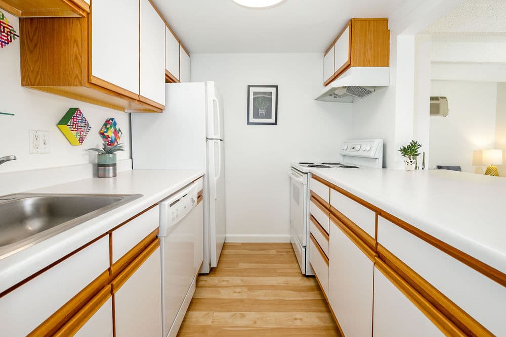 Modern kitchen with white cabinets, wooden accents, and stainless steel appliances.
