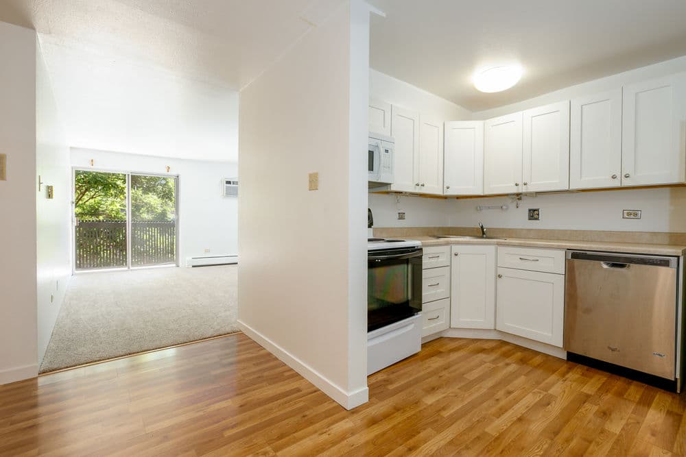 Modern kitchen with white cabinetry, stainless steel appliances, and open living space.